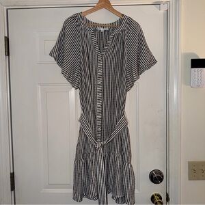 Jane and Delancey Black & White Striped V-Neck Tie-Waist Midi Dress